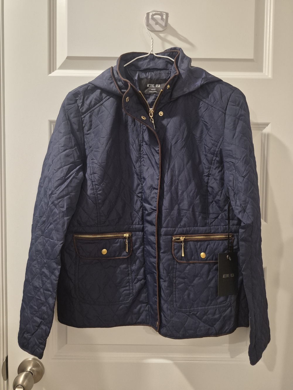 Active USA Quilted Navy Hooded Puffer Jacket with Gold Accents